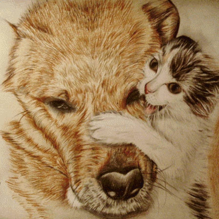 Серия "Забавные зверюшки" - рисунок, кот, дружба, животные, собака, котик, игра - предпросмотр