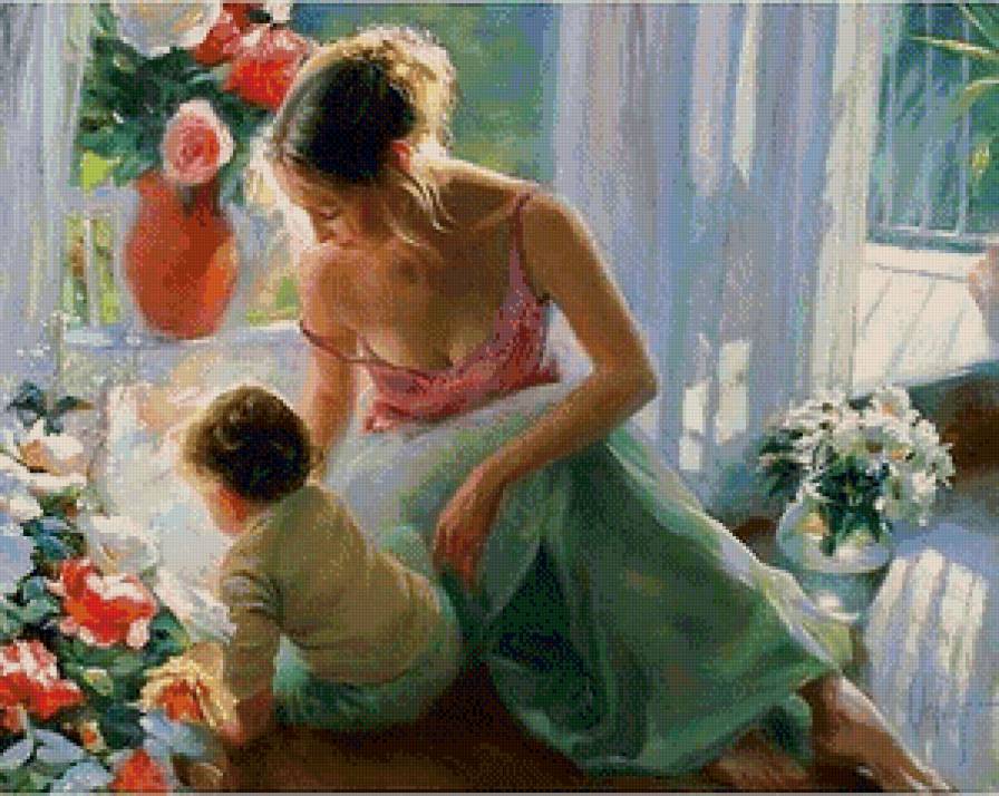 Мама и ребенок - мать, комната, ребенок, цветы, акварель - предпросмотр