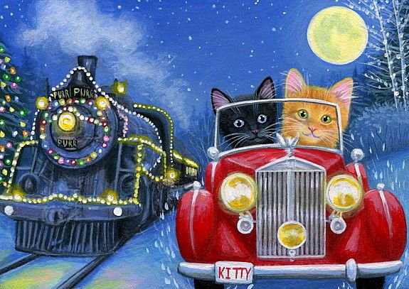 скорый поезд - зима, кошка, кошки, кот, котик, поезд, животные, авто, новый год, машина - оригинал