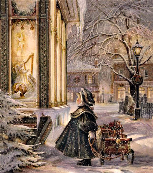 Серия "Картина" - зима, снег, фонарь, девочка, улица, рождество, подарки - оригинал