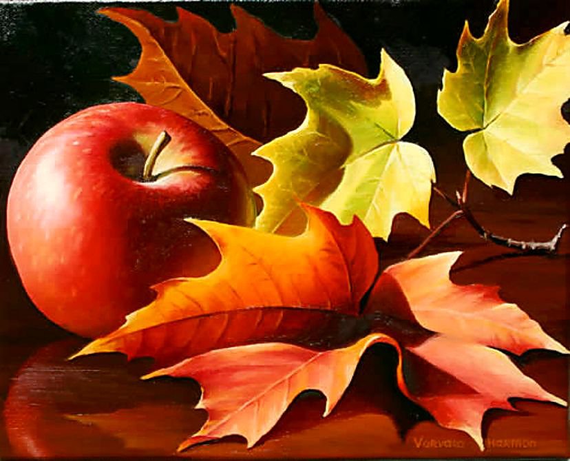 яблоко в кленовых листьях - натюрморт, яблоки - оригинал