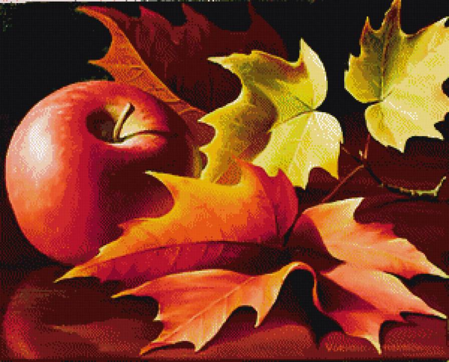 яблоко в кленовых листьях - натюрморт, яблоки - предпросмотр