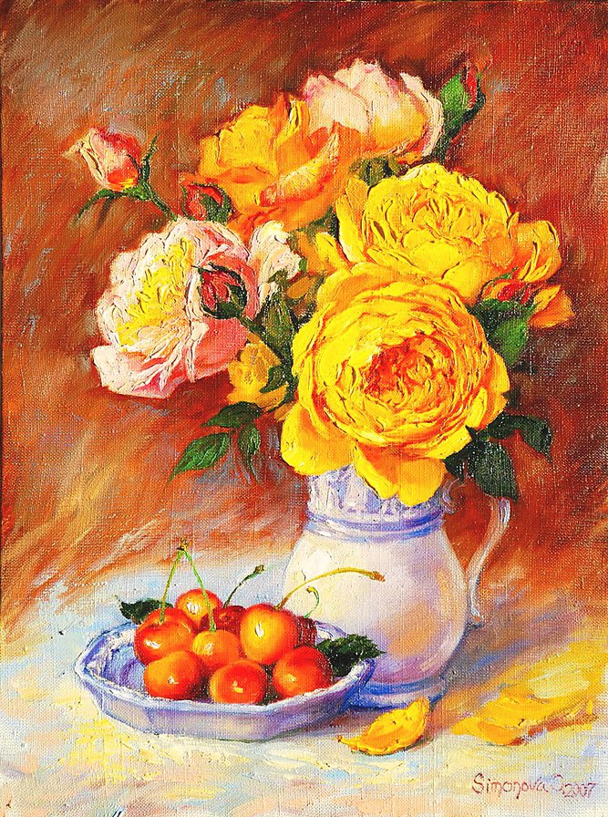жёлтые розы и черешня - ягоды, букет, живопись, цветы, черешня, розы, ваза, натюрморт - оригинал