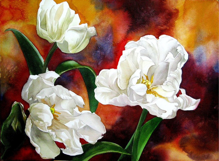 белые тюльпаны - букет, ваза, панно, тюльпаны, весна, акварель, цветы - оригинал