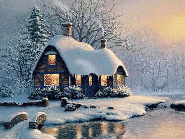 Зимний пейзаж - закат, зима, домик, снег, пейзаж, река - оригинал