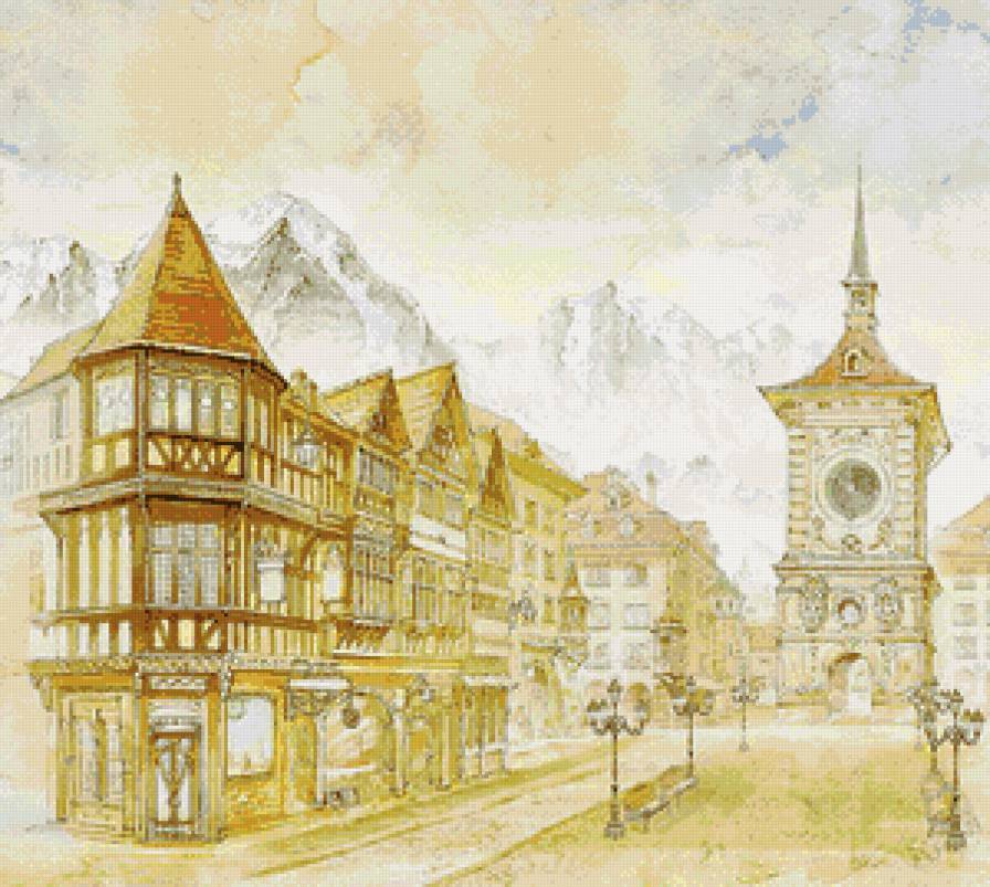 городок в альпах - город, акварель, пейзаж, горы, альпы - предпросмотр