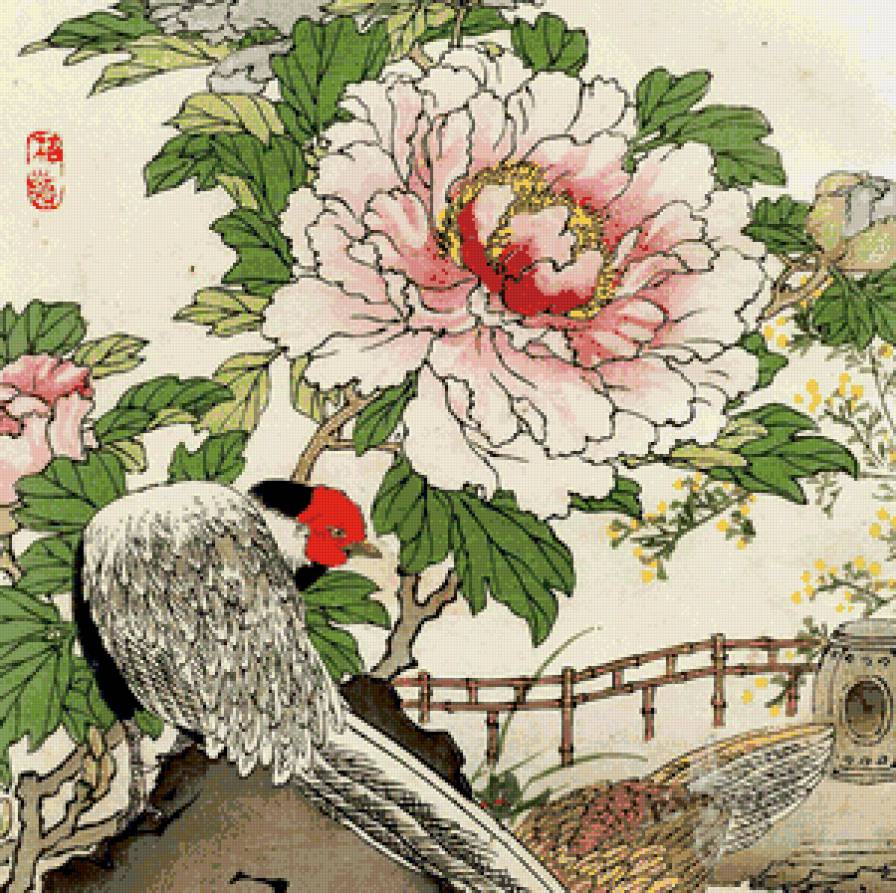 пион и журавль - фен шуй, пион, панно, восток, китай, птица, цветок, журавль - предпросмотр