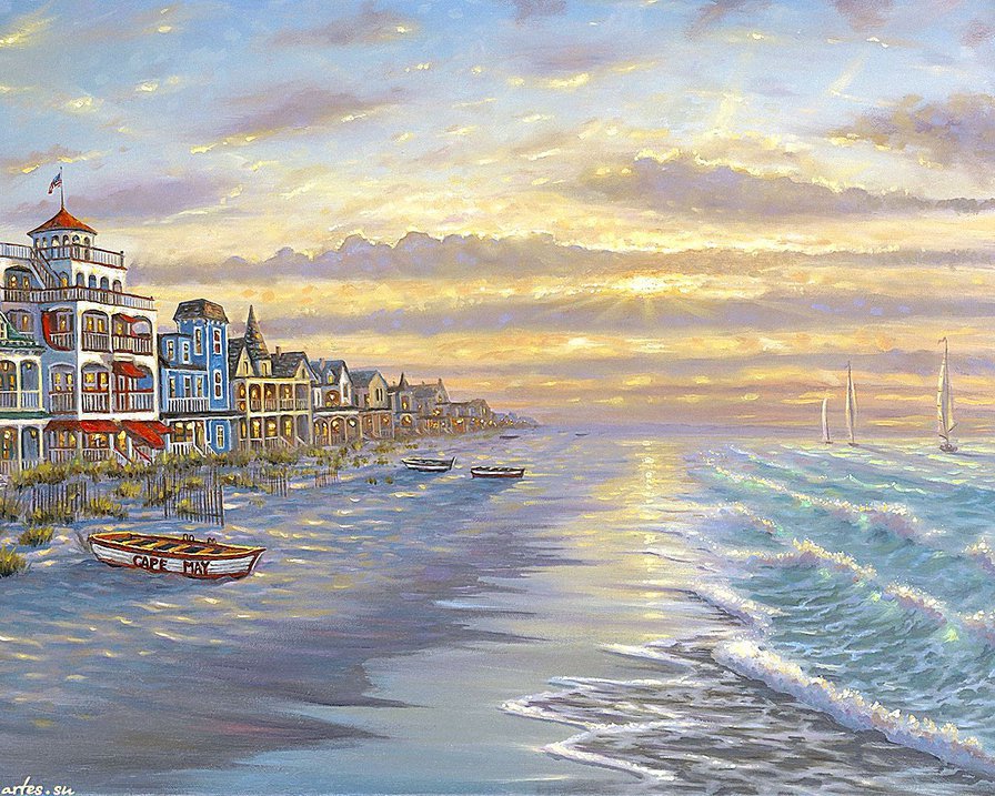 пляж на закате - домики, живопись, закат, пейзаж, пляж, парусник, вечер, волны - оригинал