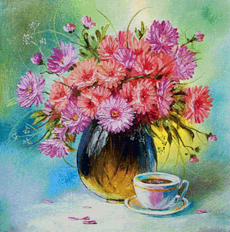 разноцветные астры - астры, ваза, букет, натюрморт, чашка, живопись, чай, цветы - предпросмотр