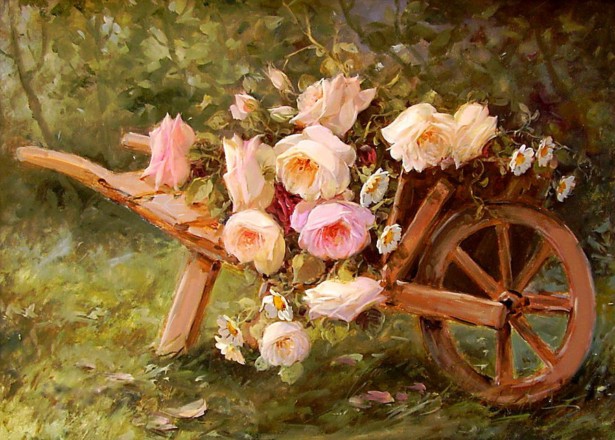 тележка с розами - розы, натюрморт, букет, тележка, живопись, цветы, нежность - оригинал