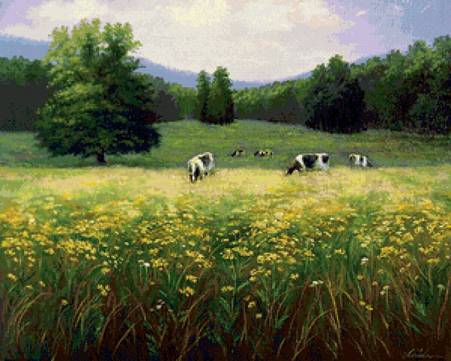 на пастбище - луг, природа, лето, пастбище, коровы, живопись, пейзаж - предпросмотр