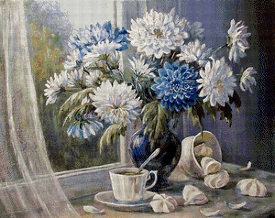 Букет хризантем - чашка, натюрморт, чай, хризантемы, букет, цветы, ваза - предпросмотр