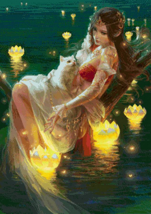 девушка фэнтези - кувшинки, арт, кошка, фэнтэзи, девушка, девочка, пруд - предпросмотр