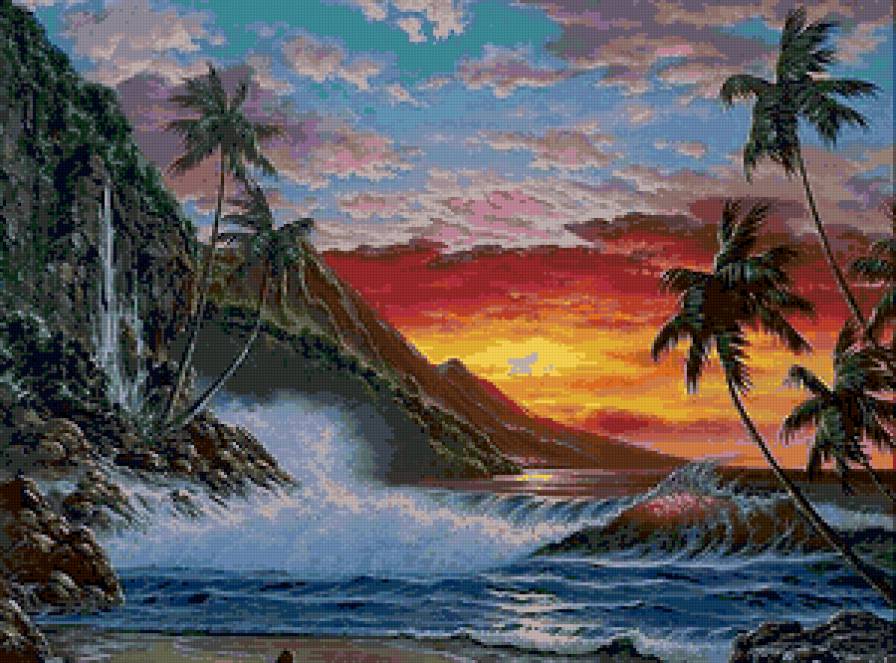 Пейзаж - луна, закат, море, волна, пальма, пейзаж - предпросмотр