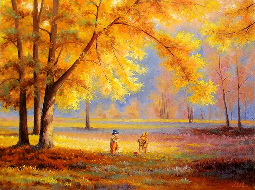 осень в парке - парк, пейзаж, дерево, золото, осень, живопись, прогулка, природа - оригинал