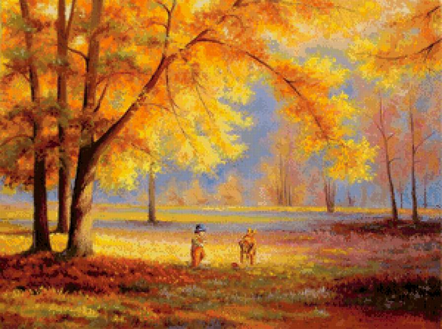 осень в парке - прогулка, дерево, осень, живопись, золото, природа, пейзаж, парк - предпросмотр