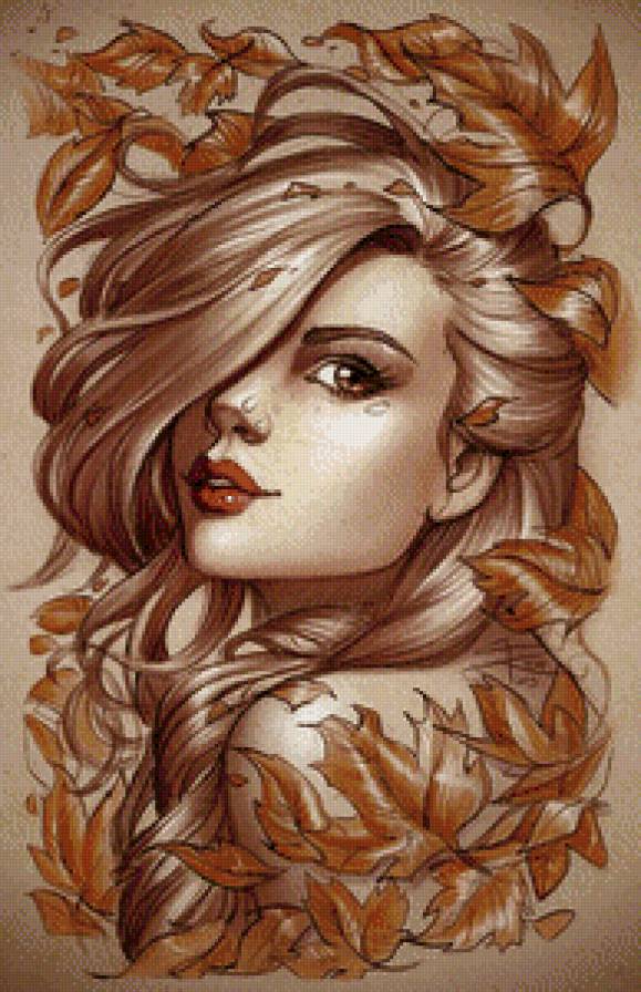 Серия "Женский образ" - портрет, листья, девушка, капли, осень, фантазия - предпросмотр