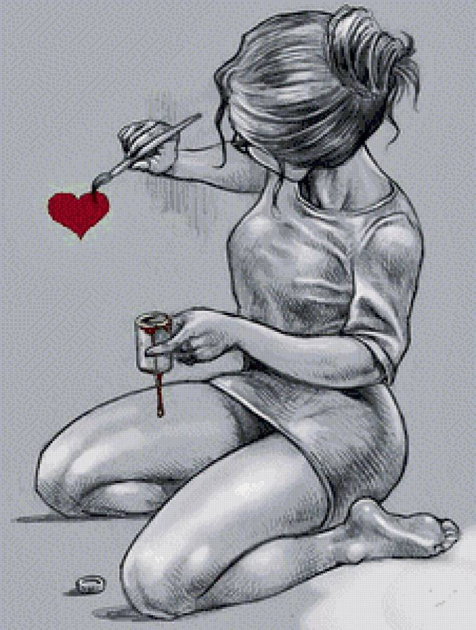 Серия "Двое" Я нарисую любовь" - девушка, черное и белое, любовь, сердце, чувства - предпросмотр