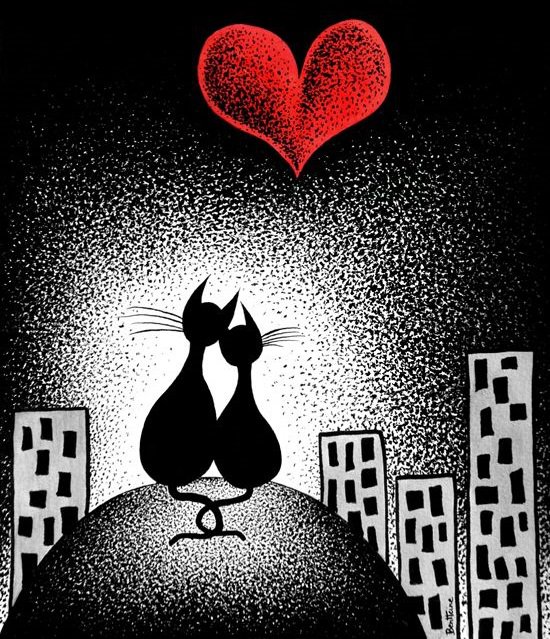 Серия "Двое" - черное и белое, парочка, ночной город, любовь, коты, сердечко - оригинал