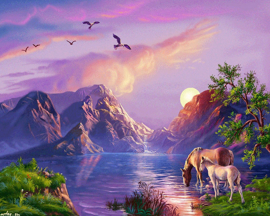 Природа - орел, лошади, кони, горы, природа - оригинал