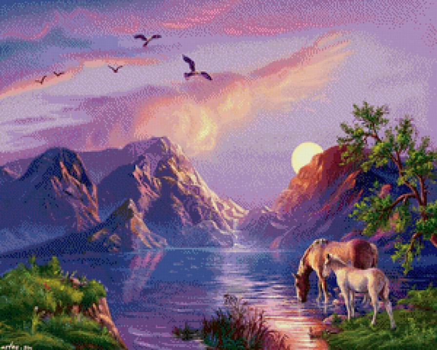Природа - природа, кони, орел, горы, лошади - предпросмотр