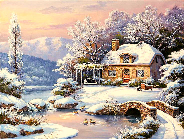 Серия "Зимние пейзажи" - домик, снег, мостик, горы, зима, река - оригинал