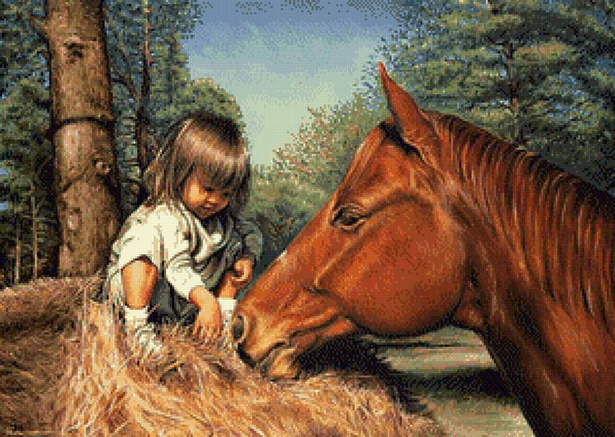 Серия "Картина" - сено, пейзаж, девочка, лошадь, лес, дружба - предпросмотр