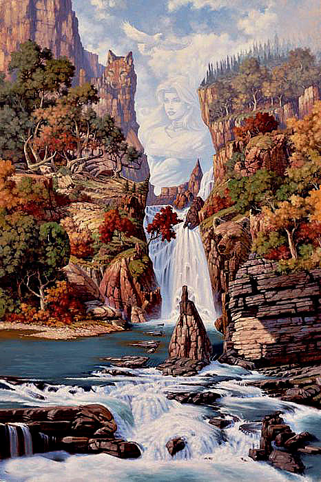 Еще одна красивая картина - звери, природа, водопад, образ женщины - оригинал