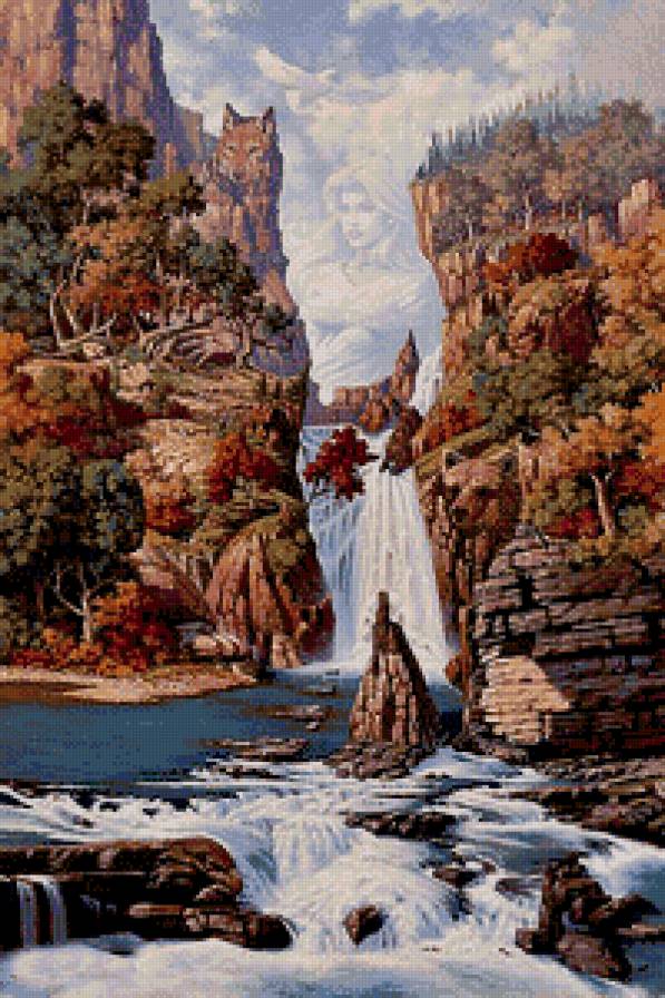 Еще одна красивая картина - природа, образ женщины, водопад, звери - предпросмотр