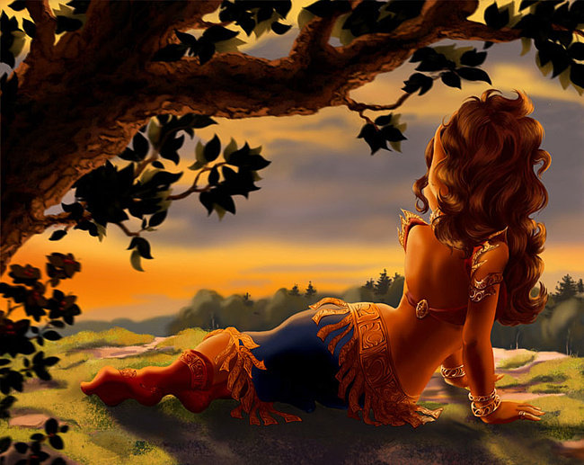 Лита на закате - закат, дерево, эльф - оригинал