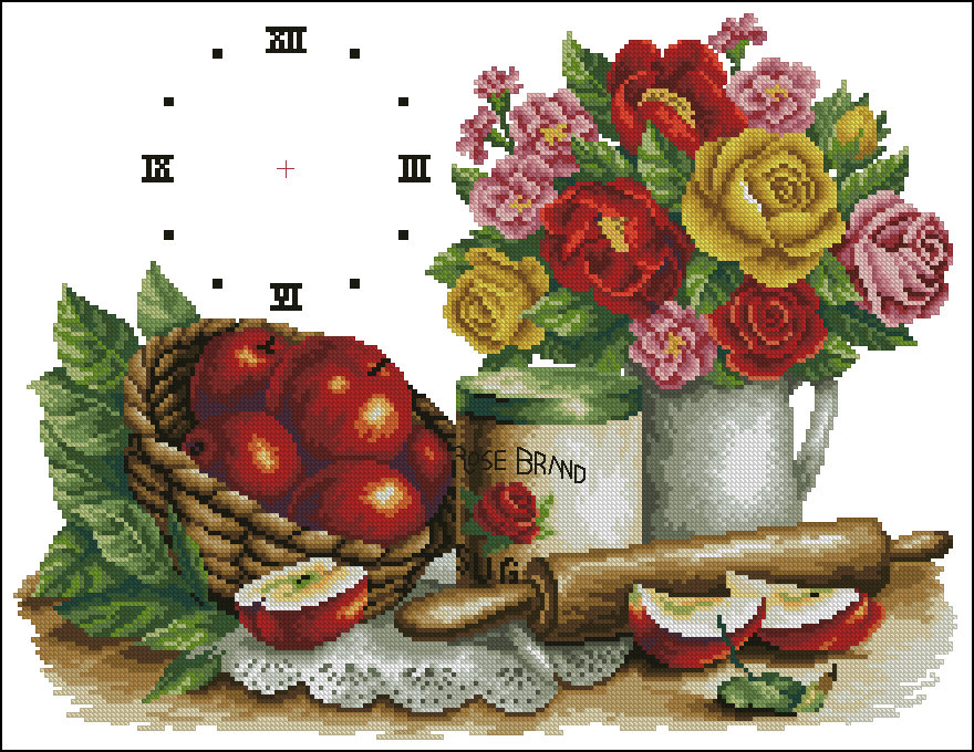 свежая кухня - цветы, часы, яблоки - оригинал