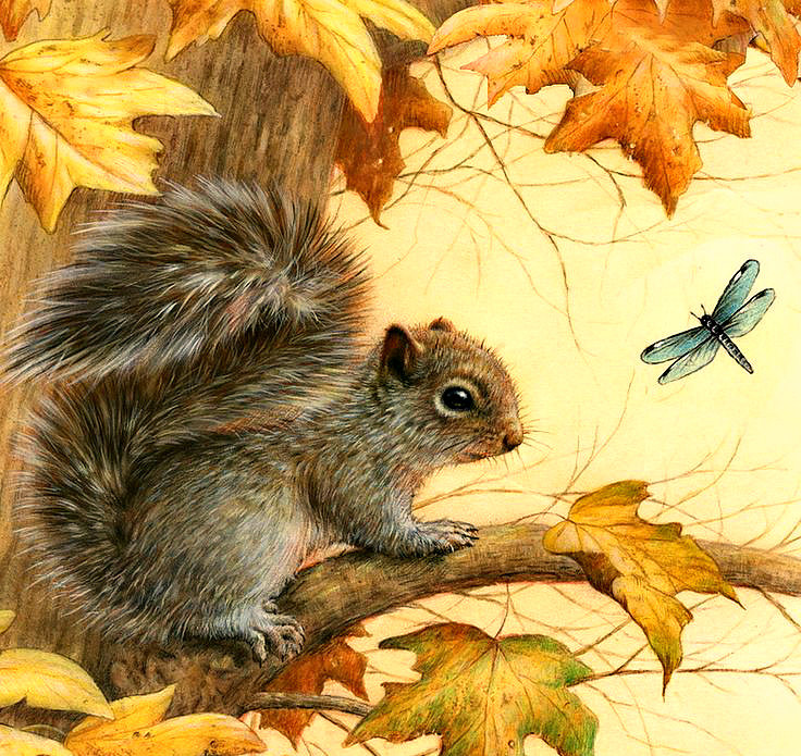 Серия "Лесные жители" - белочка, дерево, клен, стрекоза - оригинал