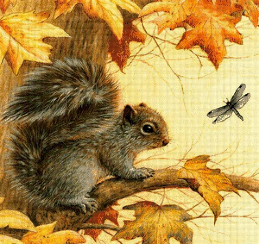 Серия "Лесные жители" - белочка, дерево, стрекоза, клен - предпросмотр