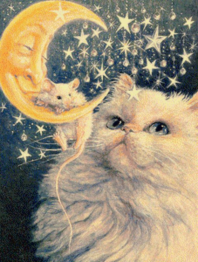 Серия "Кошки - мышки" - звезды, мышка, кот, сказка, белый пушистик, месяц - предпросмотр