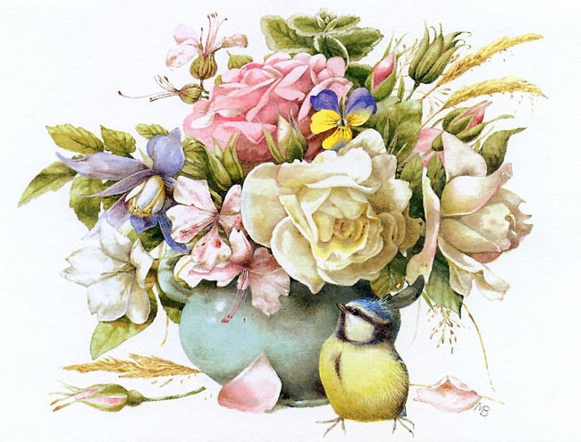 Нежный букет с синицей - цветы, букет - оригинал