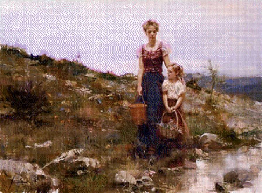 Pino Daeni - девочка, прогулка, деревня, мама - предпросмотр