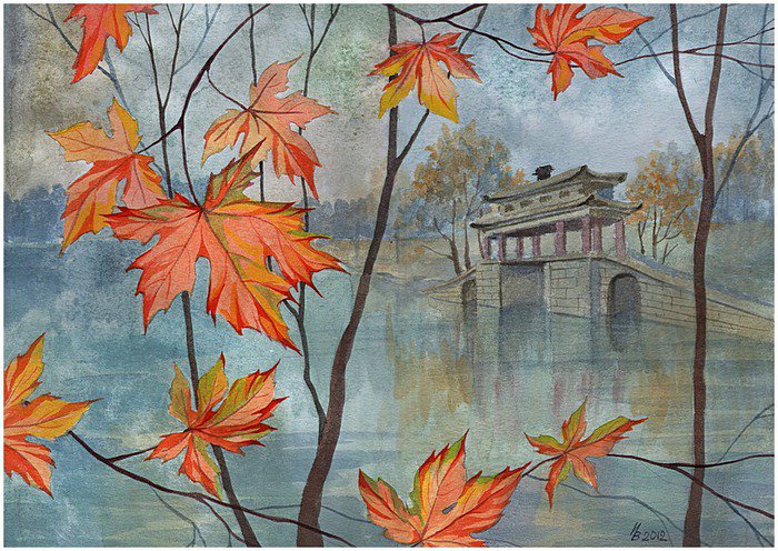 Пейзажи Азии - осень, пейзаж, азия, пагода, восток, красный клен, река, япония, китай - оригинал