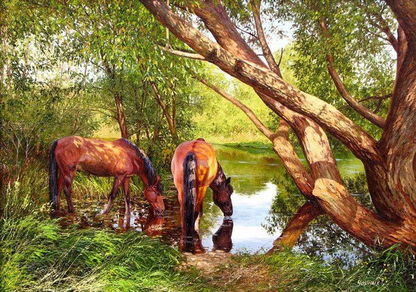 Водопой - лошади - оригинал