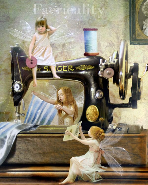 На швейной машине - эльфы, фэнтези, вышивание, девушка - оригинал