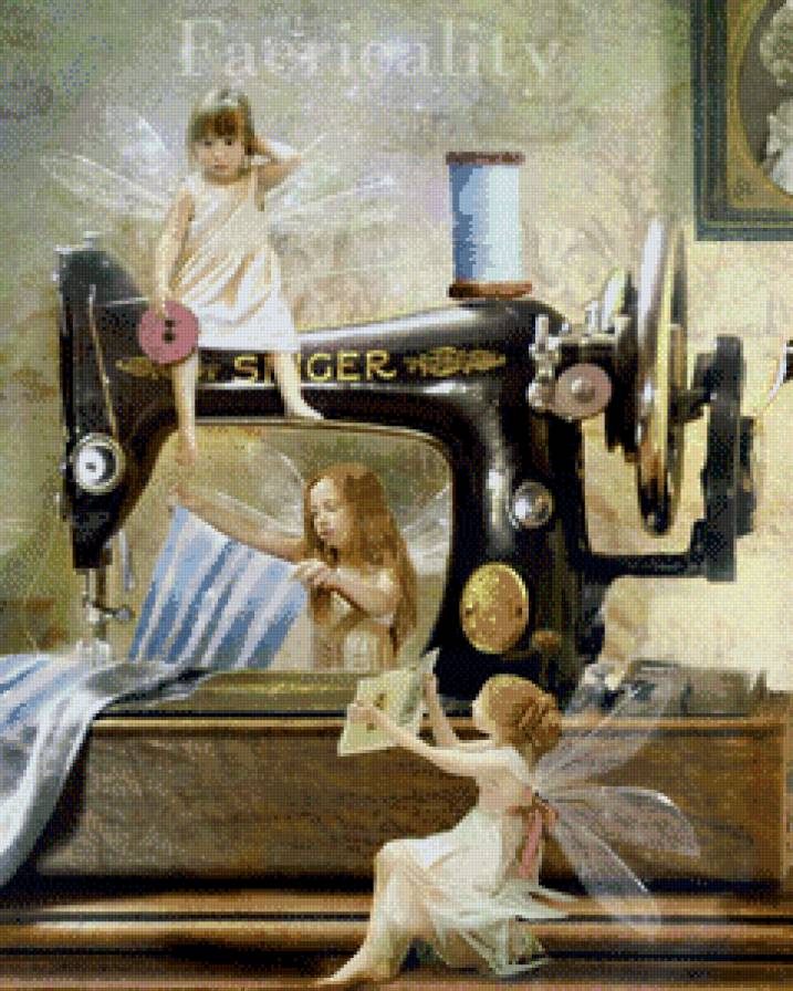 На швейной машине - эльфы, вышивание, девушка, фэнтези - предпросмотр