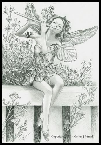 Фея со флейтой - эльфы, монохром, девушка, фэнтези - оригинал