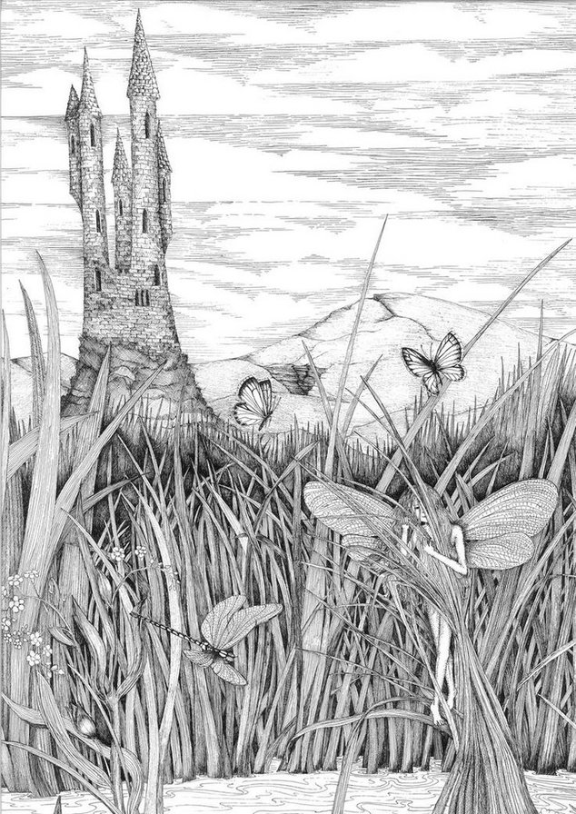 Далекий замок - эльфы, монохром, девушка, фэнтези - оригинал