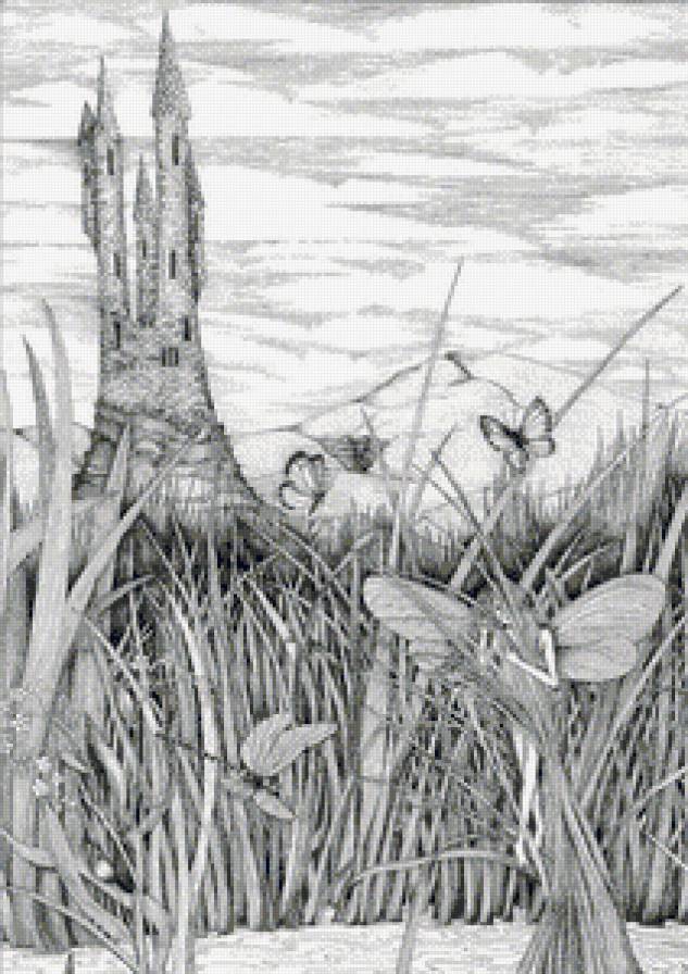 Далекий замок - монохром, девушка, фэнтези, эльфы - предпросмотр