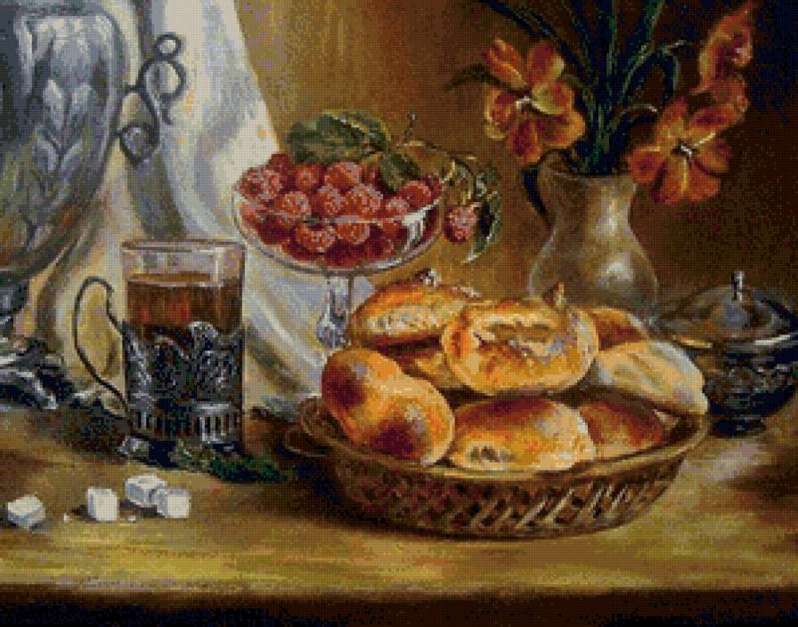 Натюрморт О.Воробьевой - чай, чаепитие, кухня, натюрморт, ягоды, самовар, булочки - предпросмотр