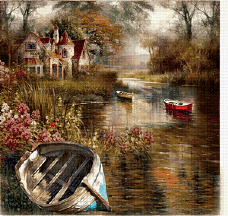 Серия "Пейзажи" - цветы, дом, камыш, туман, лодка, пруд - предпросмотр