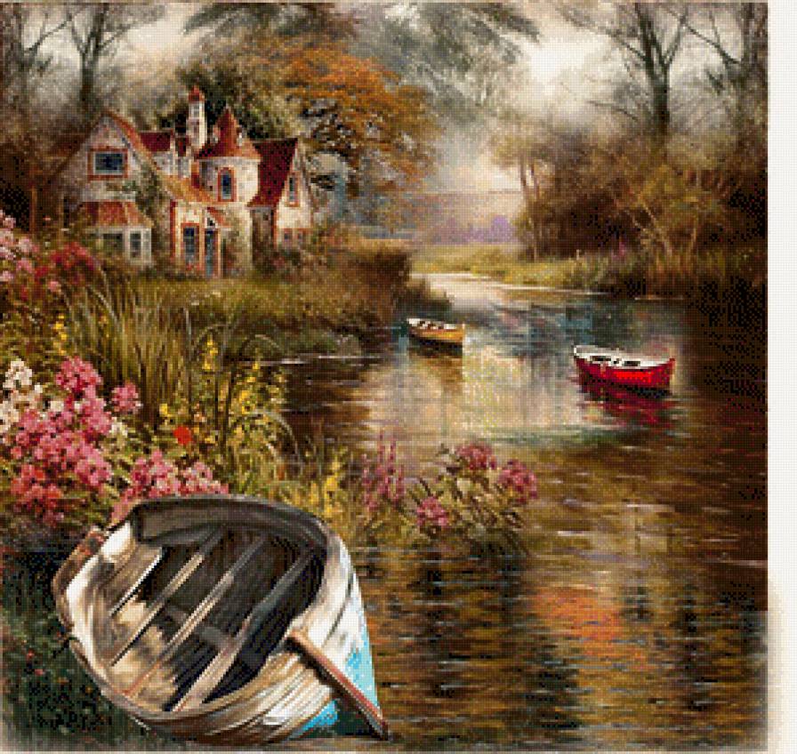 Пейзаж - озеро, лес, лодка - предпросмотр