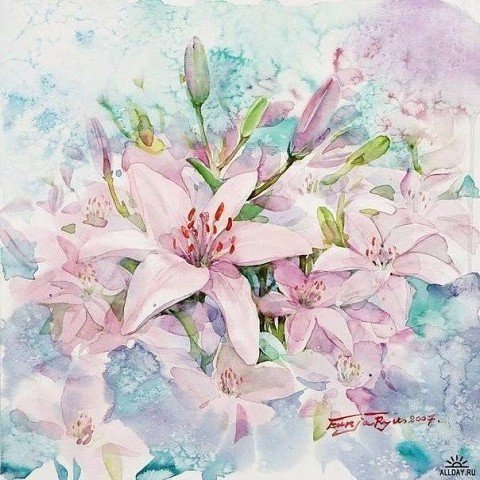 Нежные цветочные акварели Ryu Eunja № 3 - живопись, картина, искусство, цветы - оригинал