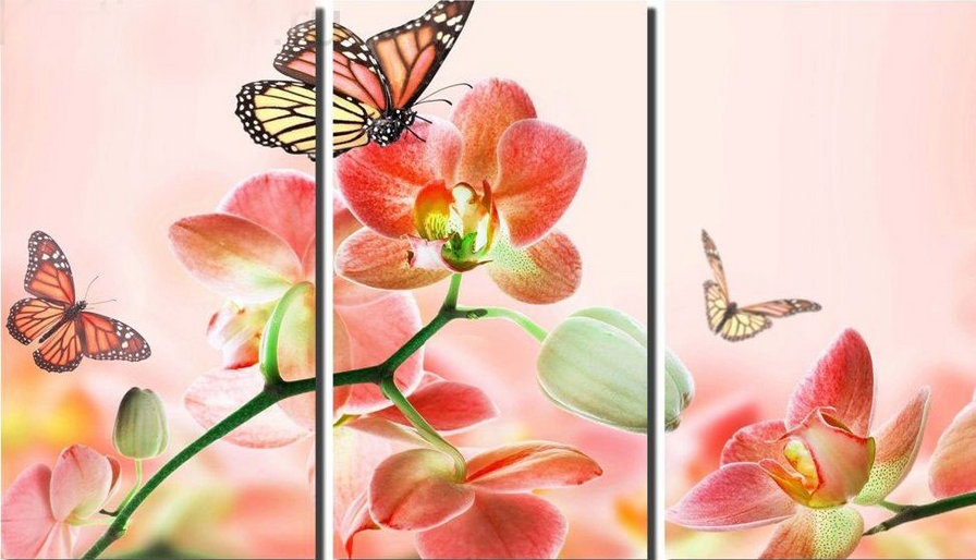 цветы и бабочка - триптих, цветы, бабочка - оригинал