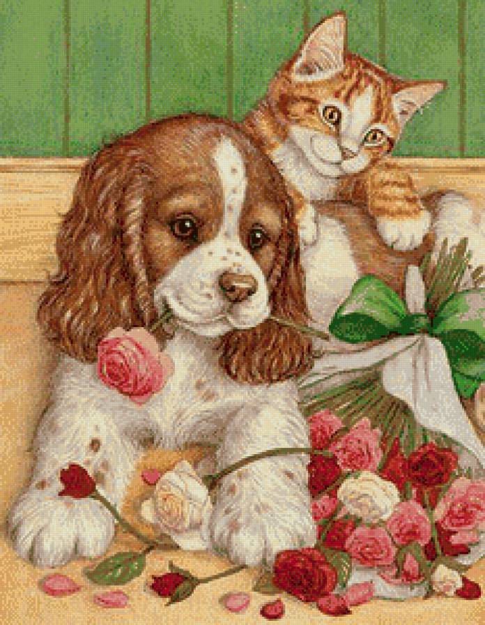 Серия "Домашние любимцы" "Букетик" - щенок, розы, котенок, букет, игра - предпросмотр