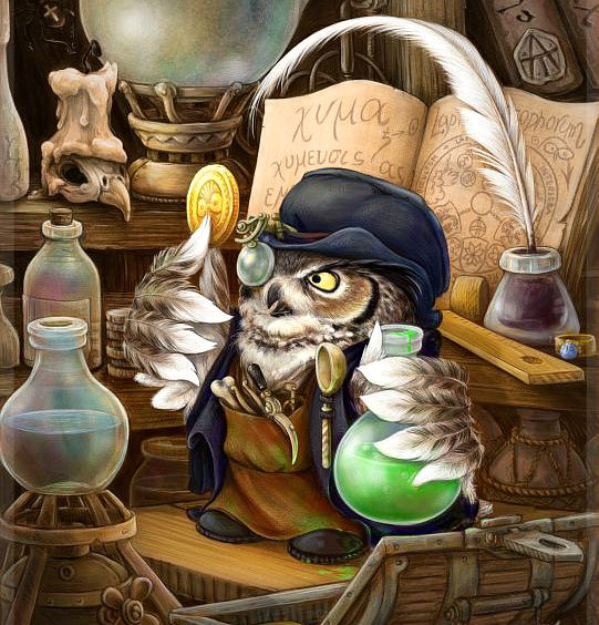 Серия "Пернатые" Алхимик" - сказка, фантазия, ученая сова, птица - оригинал